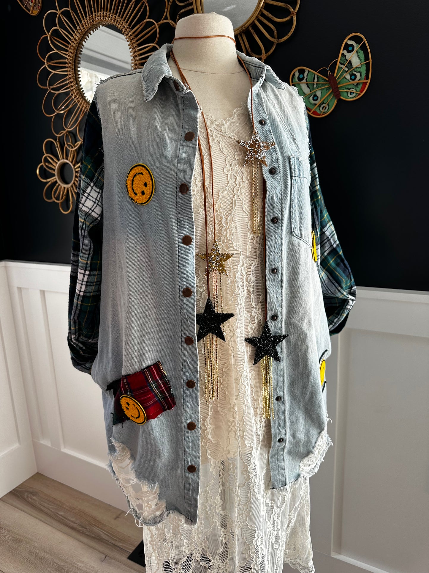 Denim Distressed Flannel Tunic