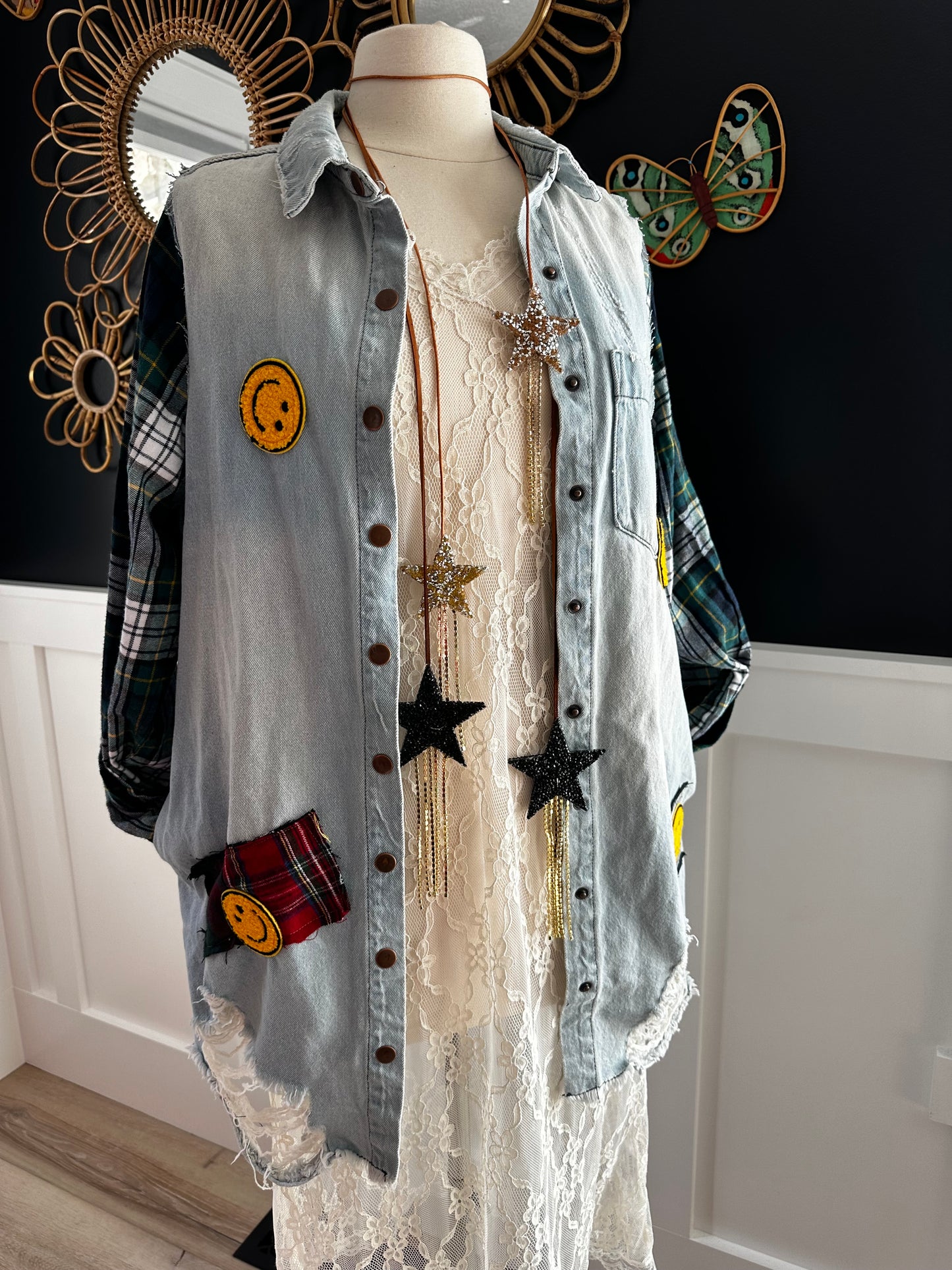 Denim Distressed Flannel Tunic