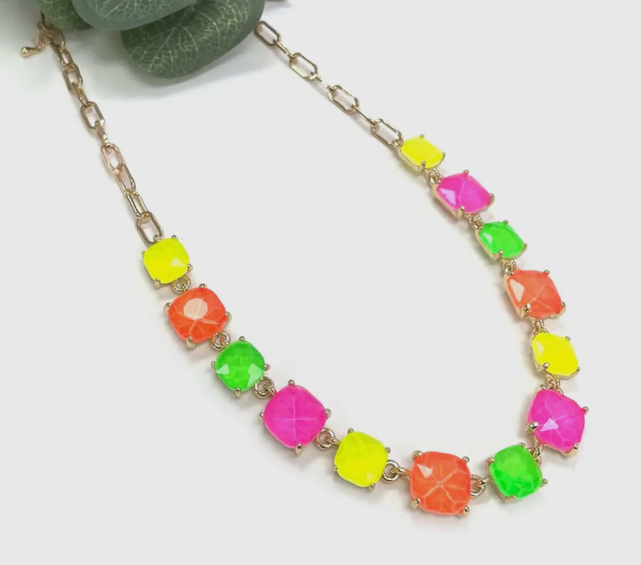 Neon Cushion Cut Glass Linked Chain Necklace: