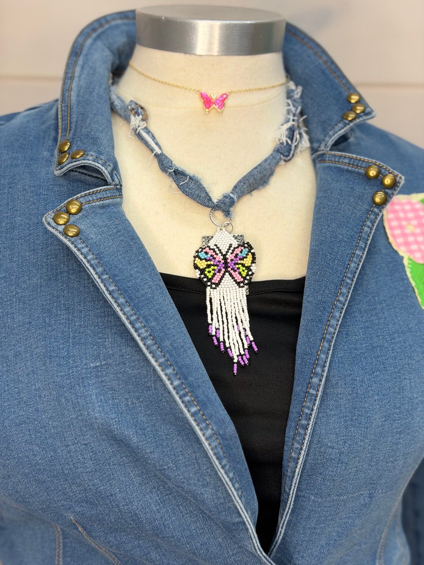 Butterfly denim necklace