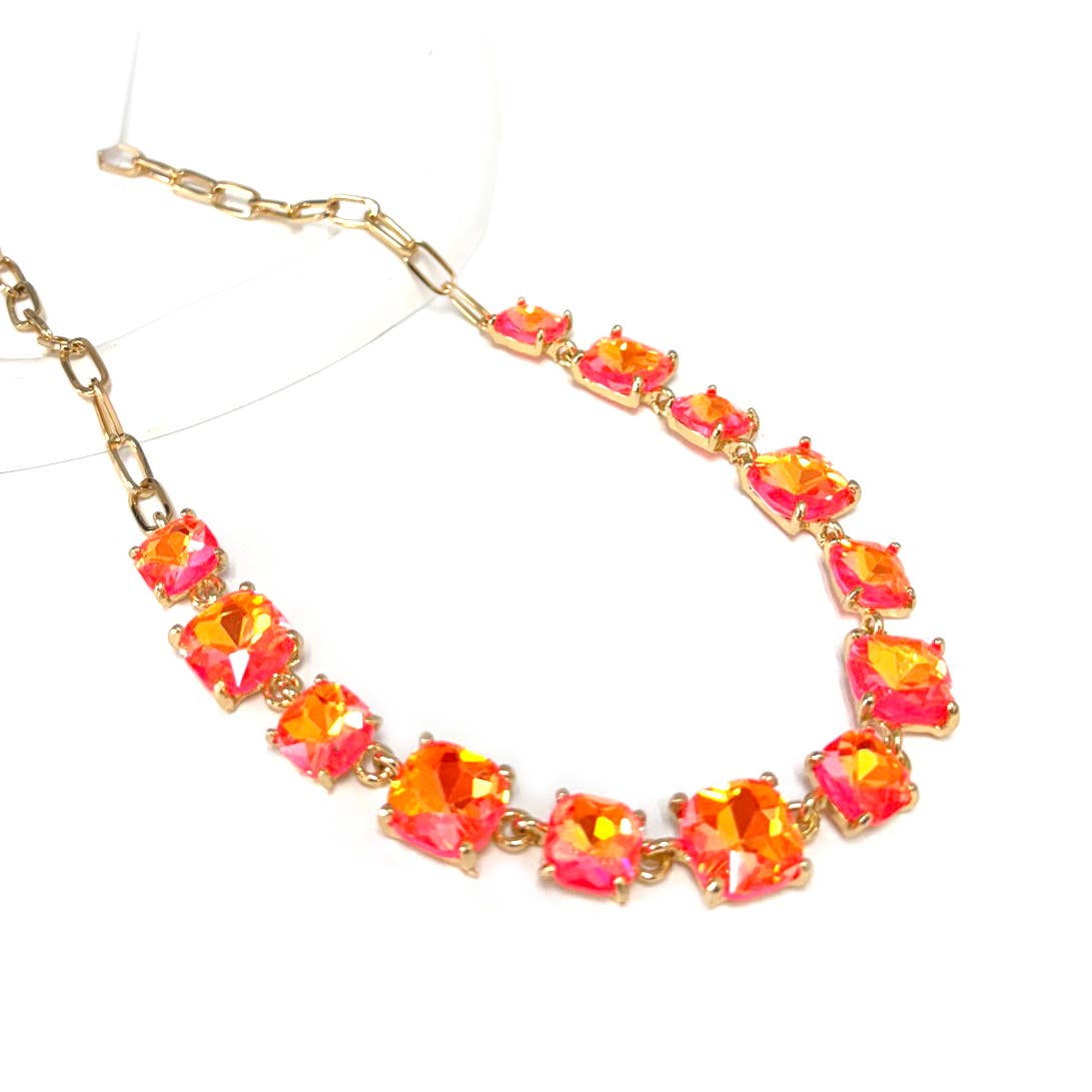 Neon Cushion Cut Glass Linked Chain Necklace: NEON-CORAL AB