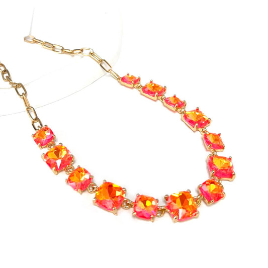 Neon Cushion Cut Glass Linked Chain Necklace: NEON-CORAL AB
