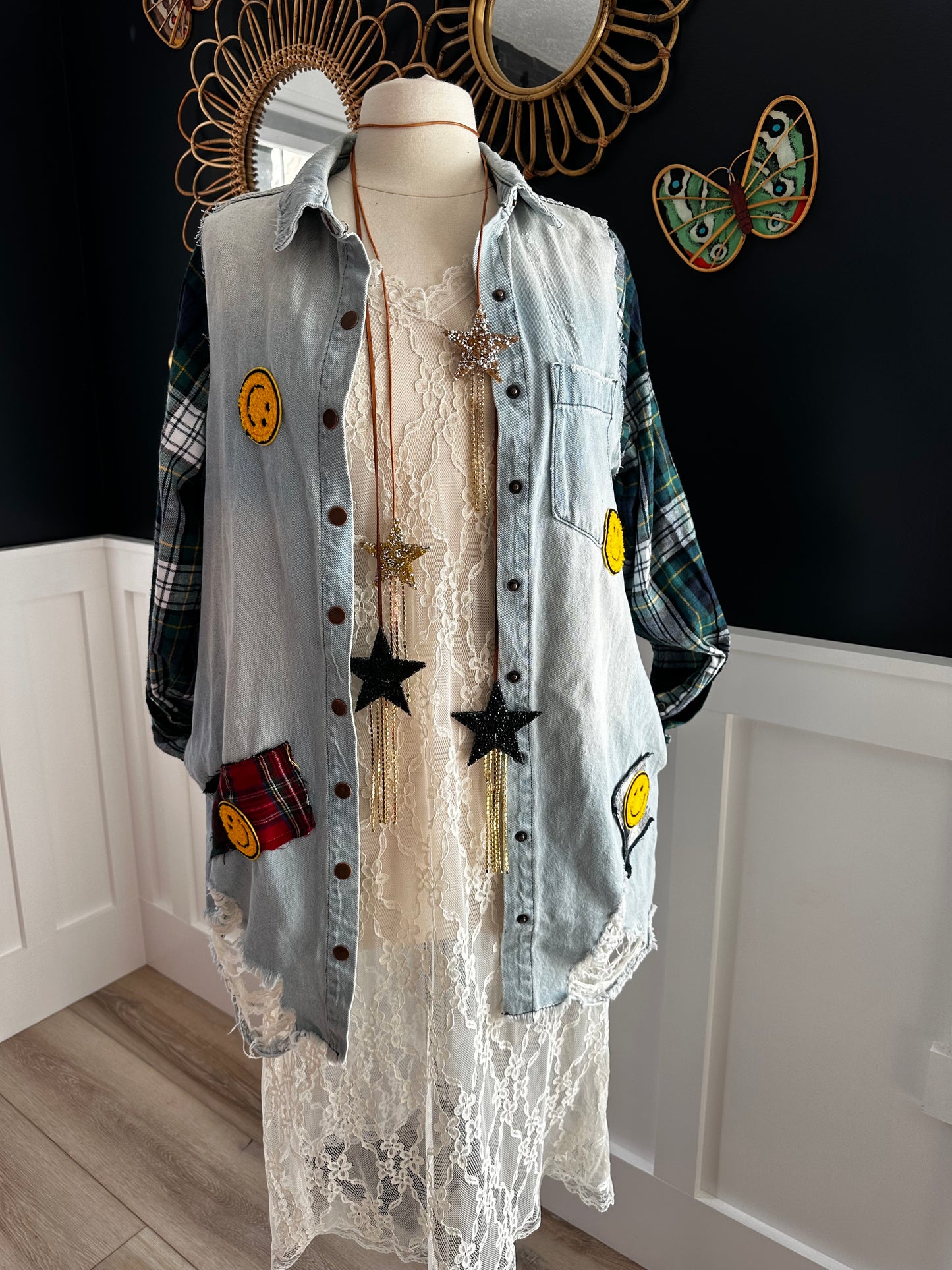 Denim Distressed Flannel Tunic