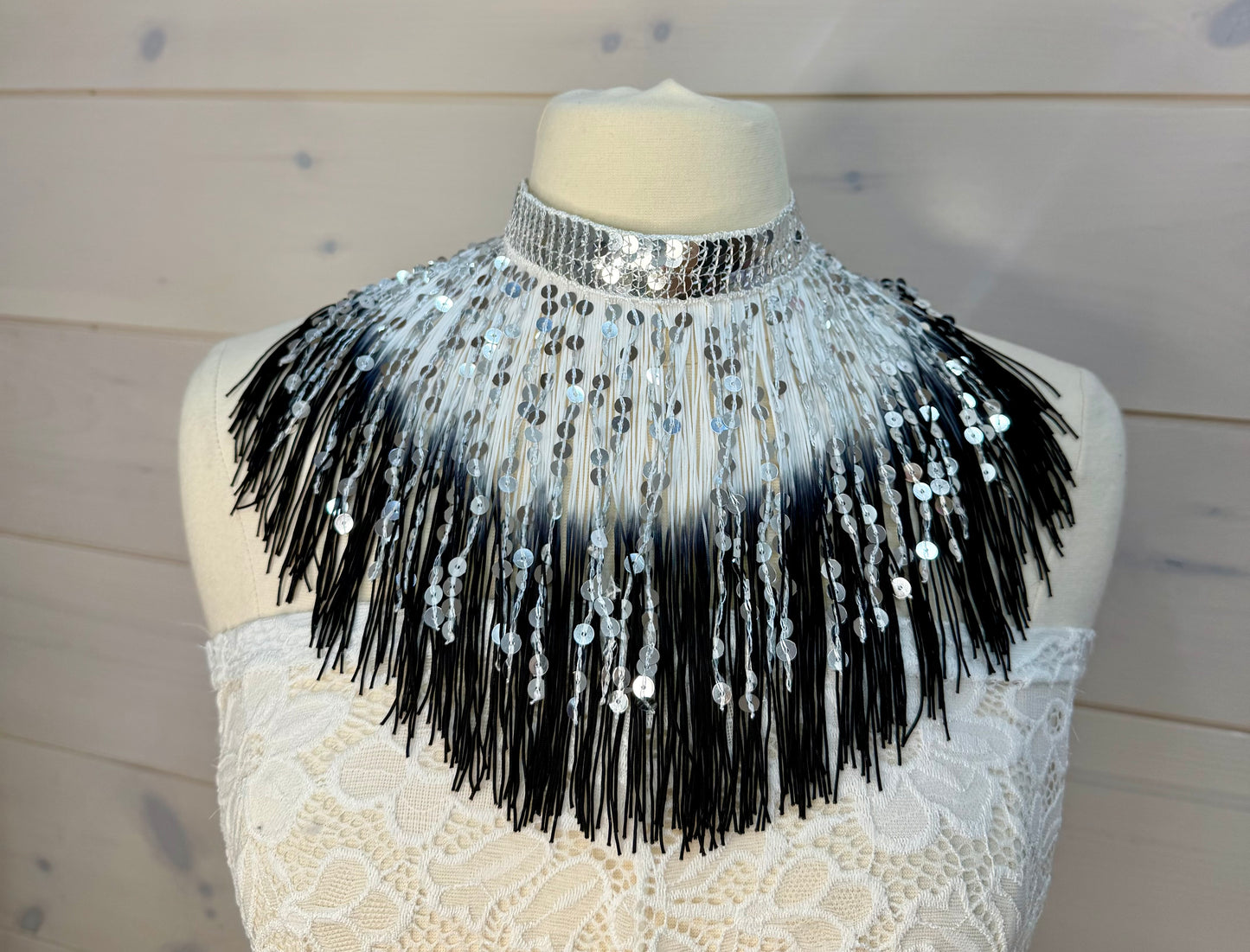 Black and white fringe festival necklace