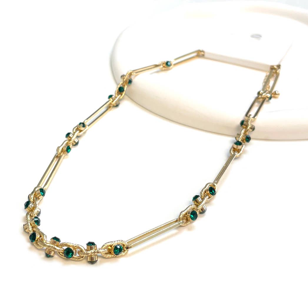 Paper Clip Chain Linked with Color Stone Inlay Necklace: Black
