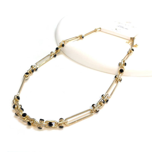Paper Clip Chain Linked with Color Stone Inlay Necklace: Black