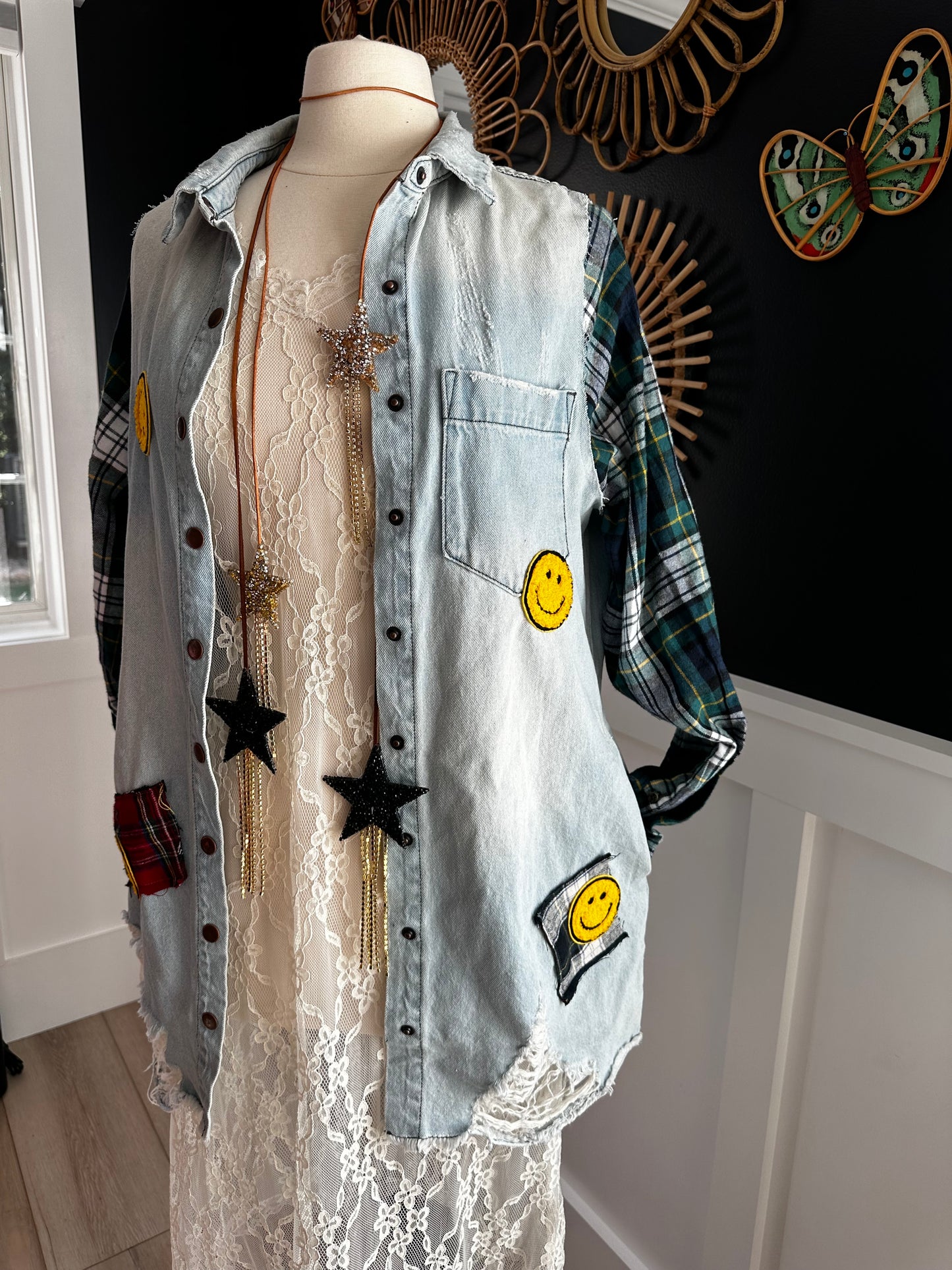 Denim Distressed Flannel Tunic
