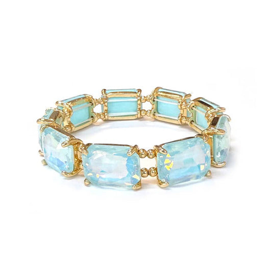 Rectangular Glass Crystal Linked Stretch Bracelet: Pastel-Blue