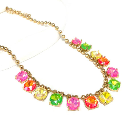 Crystal Glass Bead Dangle Station Ball Beaded Chain Necklace: Neon Multi AB