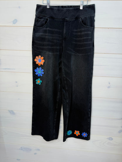 Black daisy hand painted pull on jeans
