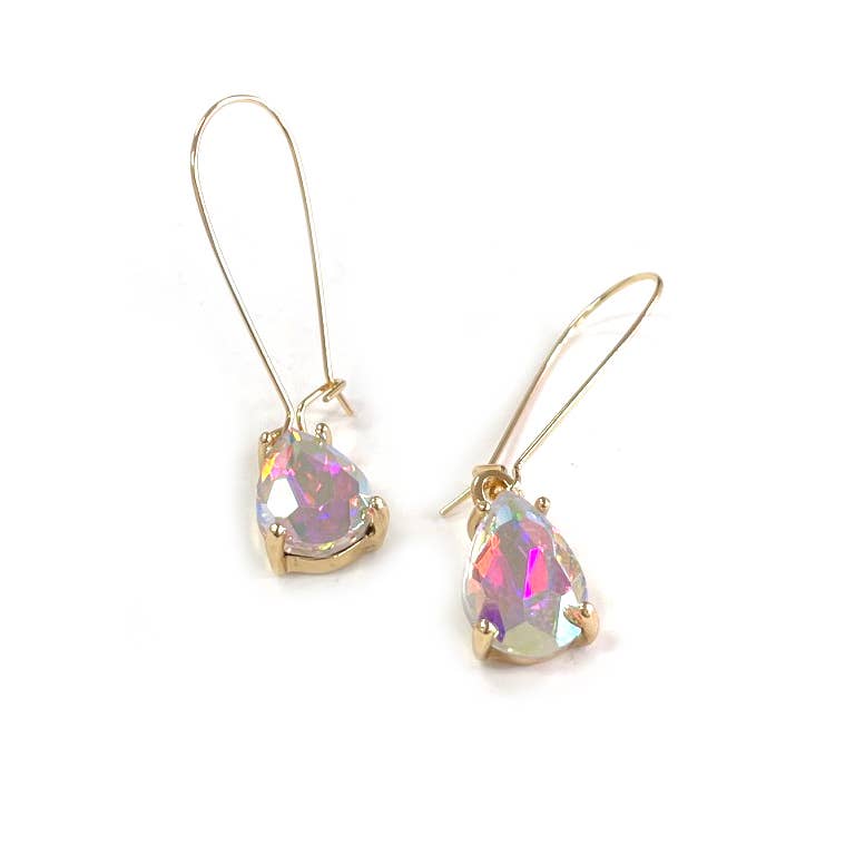 Midi Size Teardrop 5A Grade Glass Drop Kidney Wire Earrings: Clear AB