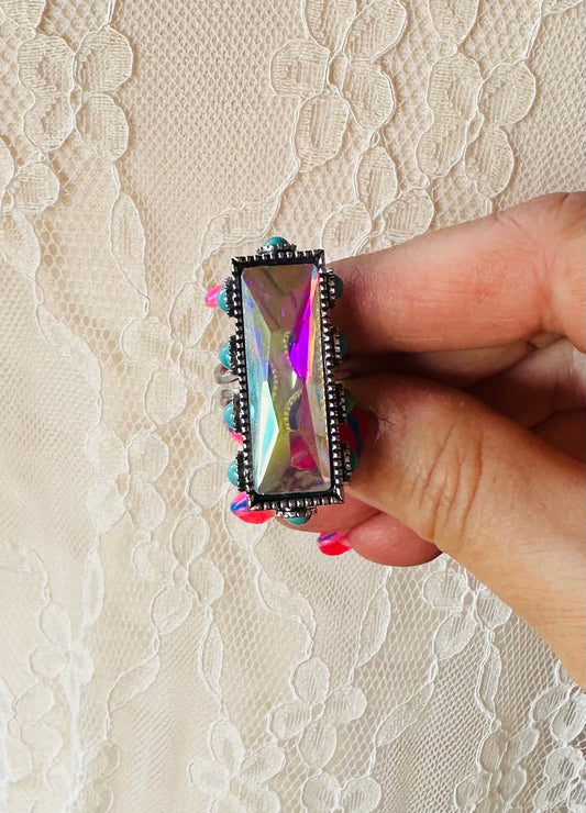 Rhinestone iridescent rectangle ring