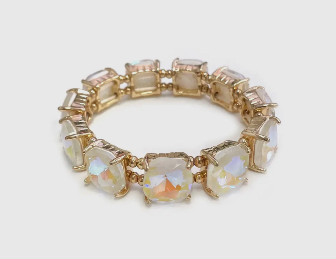 Cushion Cut Glass Crystal Linked Stretch Bracelet: PASTEL AB