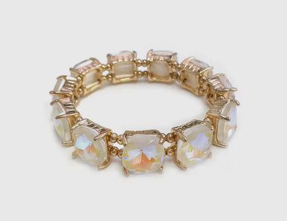 Cushion Cut Glass Crystal Linked Stretch Bracelet: PASTEL AB