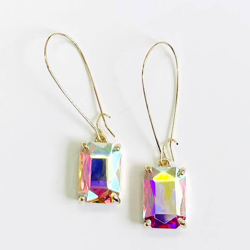 Emerald Cut Glass Bead with Kidney Wire Dangle Earrings : Clear-AB