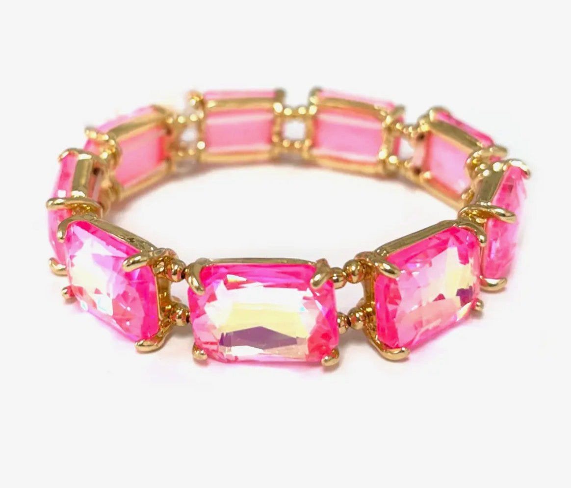 Rectangular Glass Crystal Linked Stretch bracelet