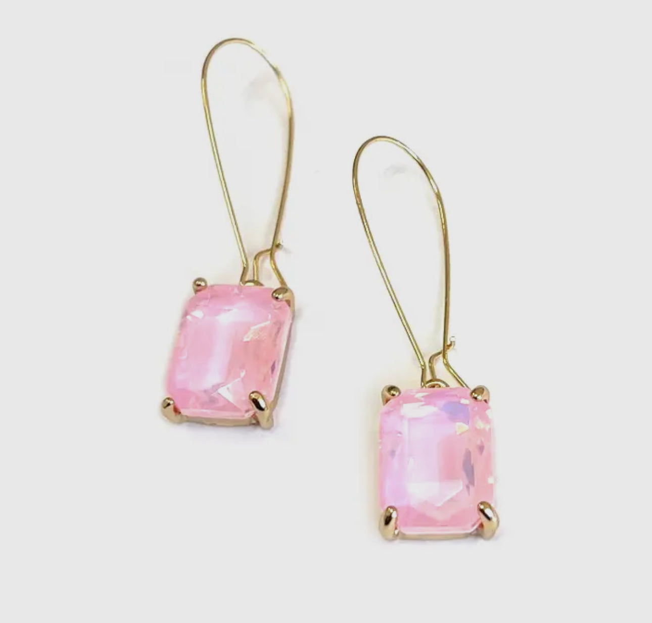 Emerald Cut Glass Wire Dangle Earrings AB, Peach Keen, Baby Pink