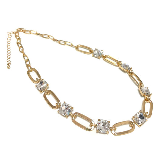 Cushion Cut Glass Beads & Clip Chain Station Necklace: Clear