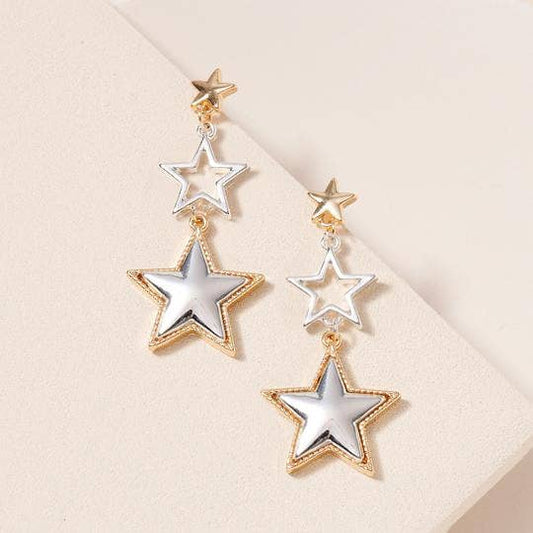 2 Tone Triple Star Linked Drop Dangle Metal Stud Earrings : SILVER/GOLD