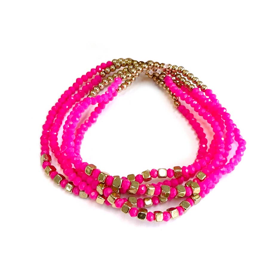 Neon Multi Line Beaded Stackable Boho Stretch Bracelet: Neon Pink